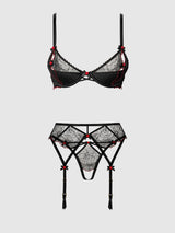 ILENA EMBROIDERED TULLE BRA, GARTER & CROTCHLESS BIKINI