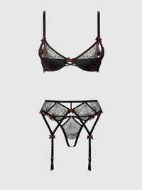 ILENA EMBROIDERED TULLE BRA, GARTER & CROTCHLESS BIKINI