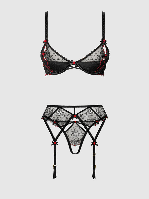 ILENA EMBROIDERED TULLE BRA, GARTER & CROTCHLESS BIKINI
