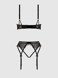 ILENA EMBROIDERED TULLE BRA, GARTER & CROTCHLESS BIKINI