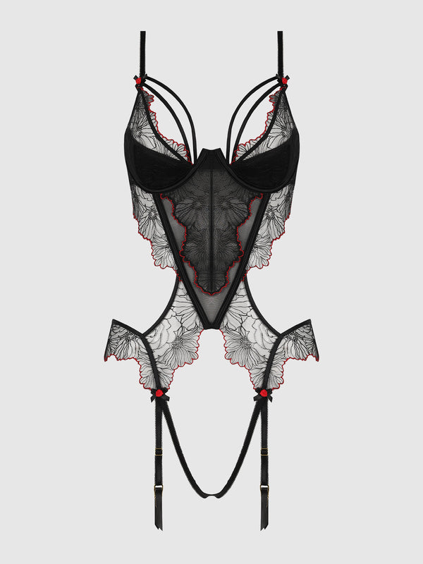 ILENA EMBROIDERED TULLE CROTCHLESS & OPEN BACK TEDDY