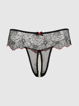 ILENA EMBROIDERED TULLE & PEARL CROTCHLESS THONG