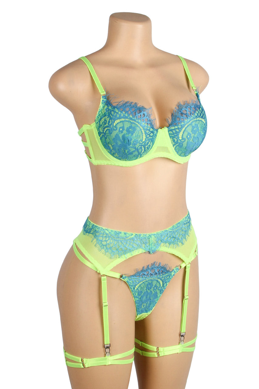 Neon Nymph Lace Set - Vibrant Bra and Garterbelt threadz.com Neon Nymph Lace Set - Vibrant Bra and Garterbelt threadz.com