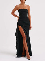Strapless Ruched High-Slit Maxi Dress
