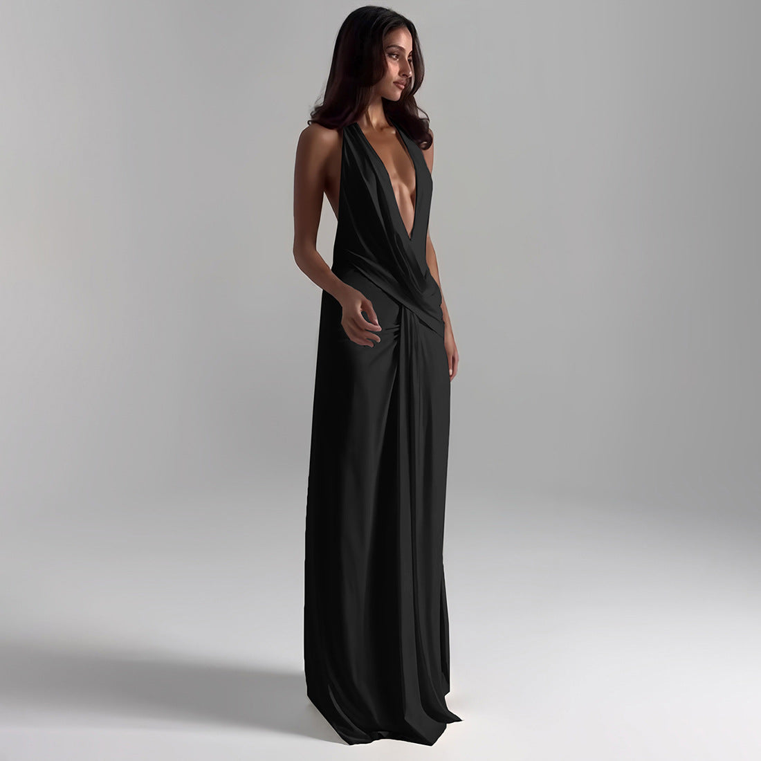 Black Plunging Neckline Draped Maxi Dress