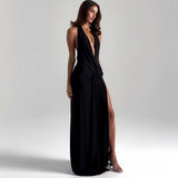 Black Plunging Neckline Draped Maxi Dress