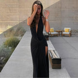 Black Plunging Neckline Draped Maxi Dress