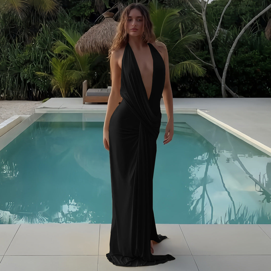Black Plunging Neckline Draped Maxi Dress