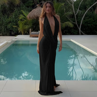 Black Plunging Neckline Draped Maxi Dress