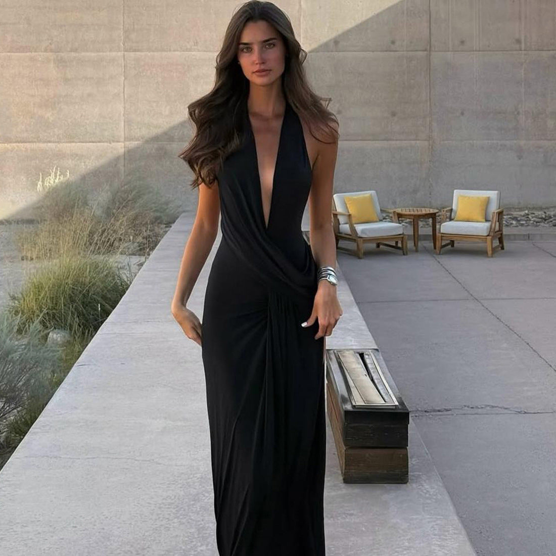 Black Plunging Neckline Draped Maxi Dress