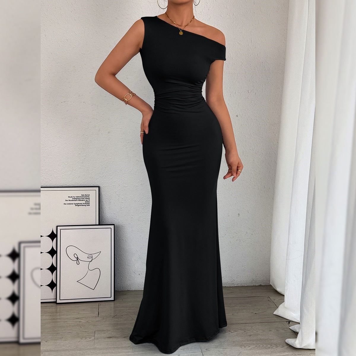 One-Shoulder Ruched Maxi Dress