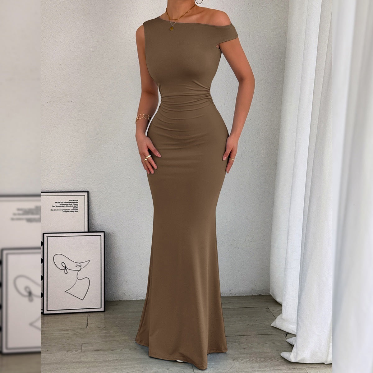 One-Shoulder Ruched Maxi Dress