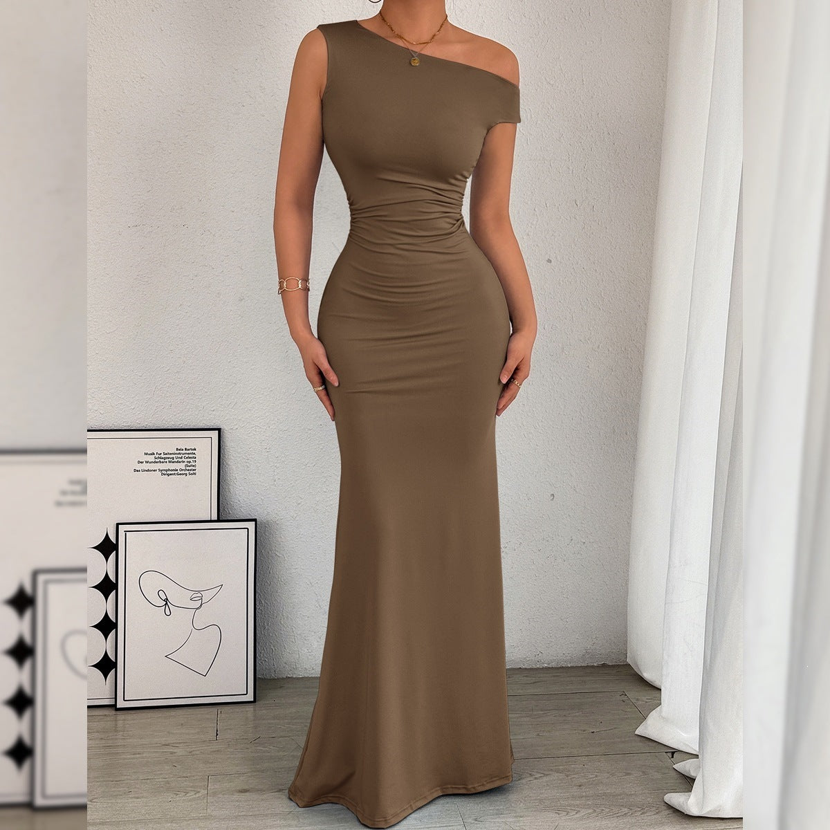One-Shoulder Ruched Maxi Dress