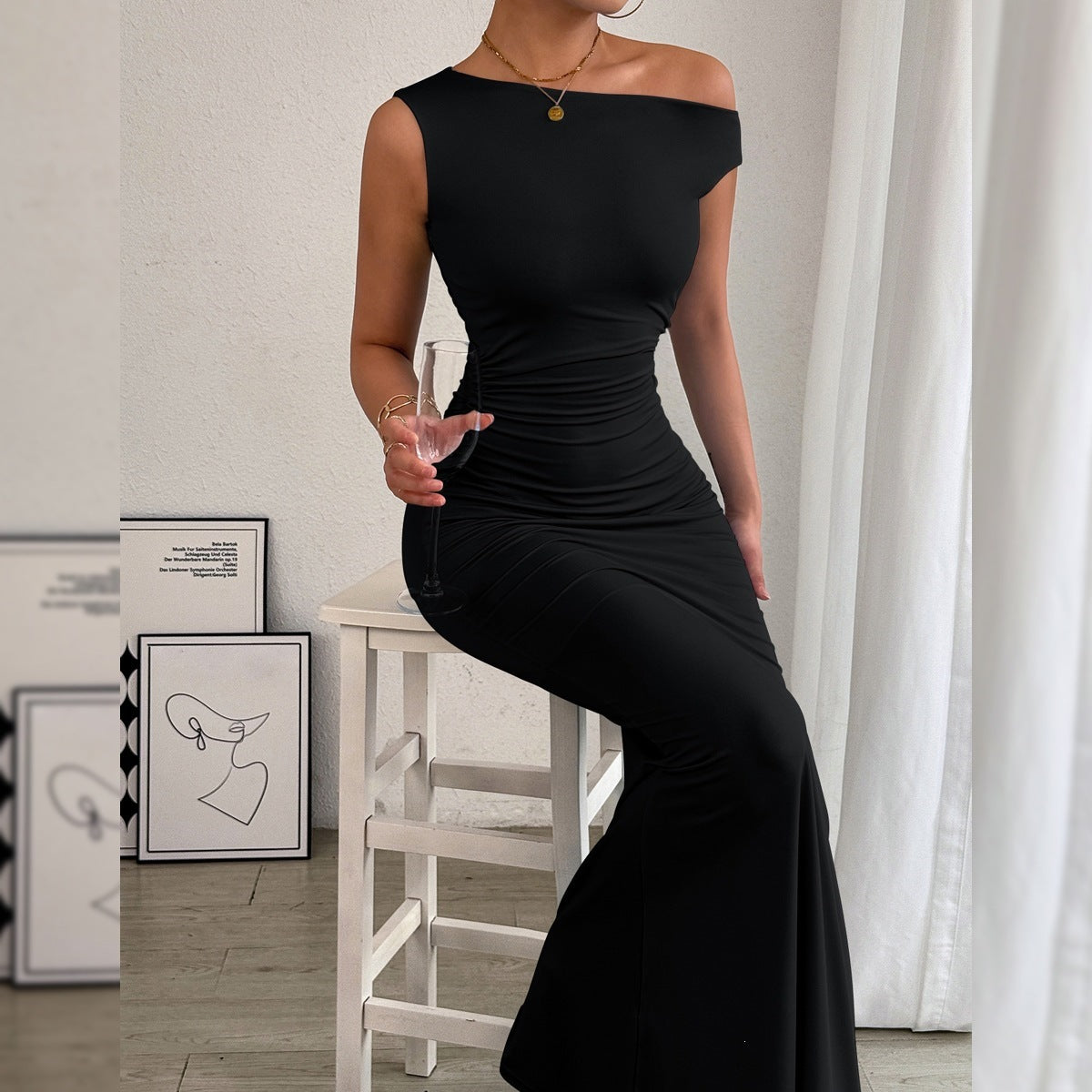 One-Shoulder Ruched Maxi Dress