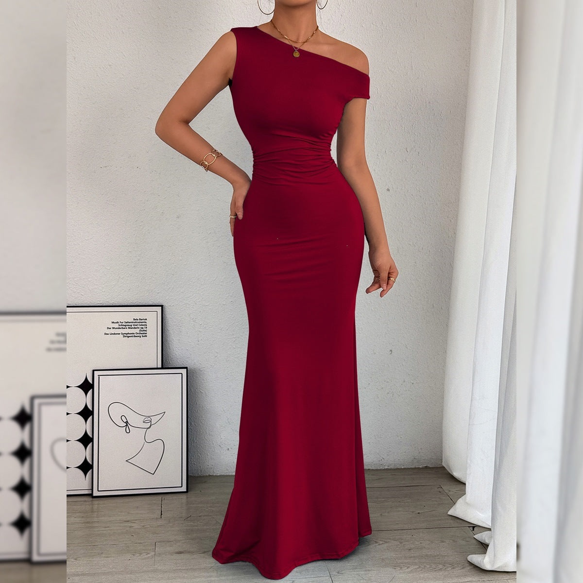 One-Shoulder Ruched Maxi Dress