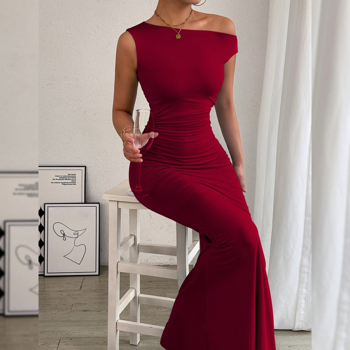 One-Shoulder Ruched Maxi Dress
