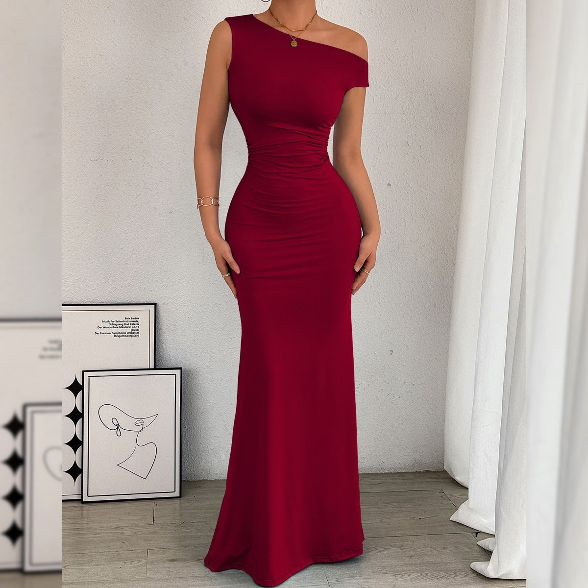 One-Shoulder Ruched Maxi Dress