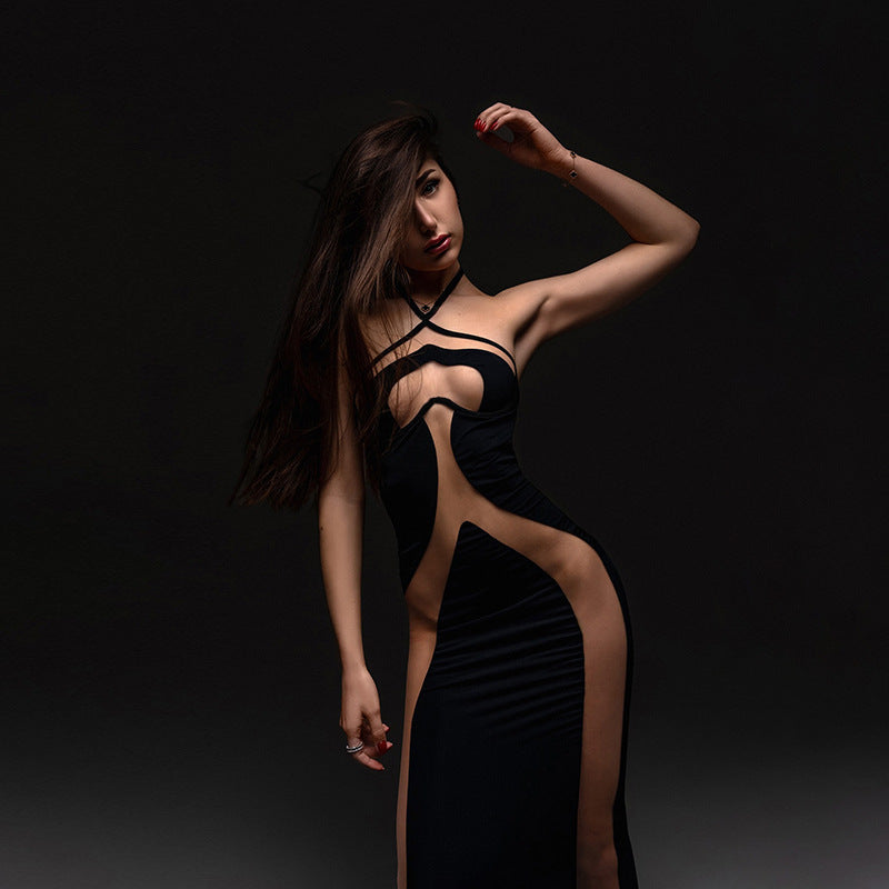 Black Halter Cutout Midi Dress