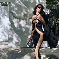 Black Halter Cutout Midi Dress