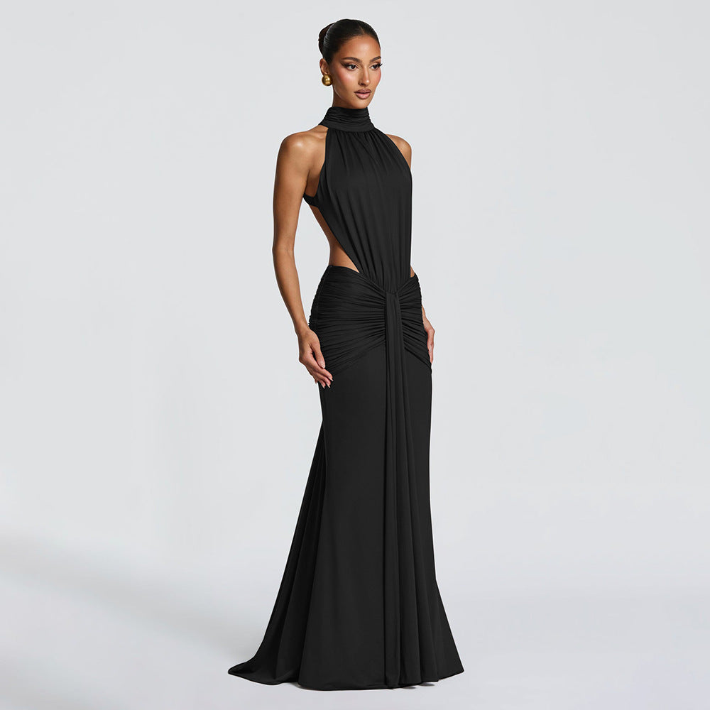 Halter Open-Back Ruched Maxi Dress