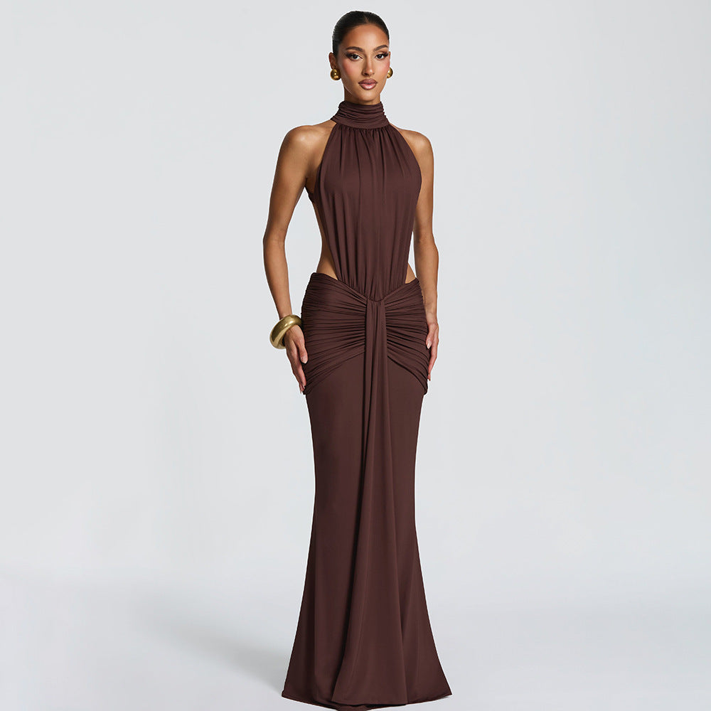 Halter Open-Back Ruched Maxi Dress