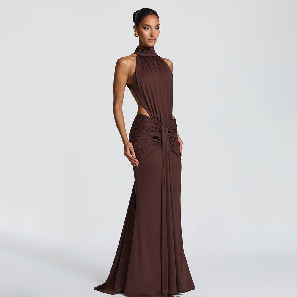 Halter Open-Back Ruched Maxi Dress