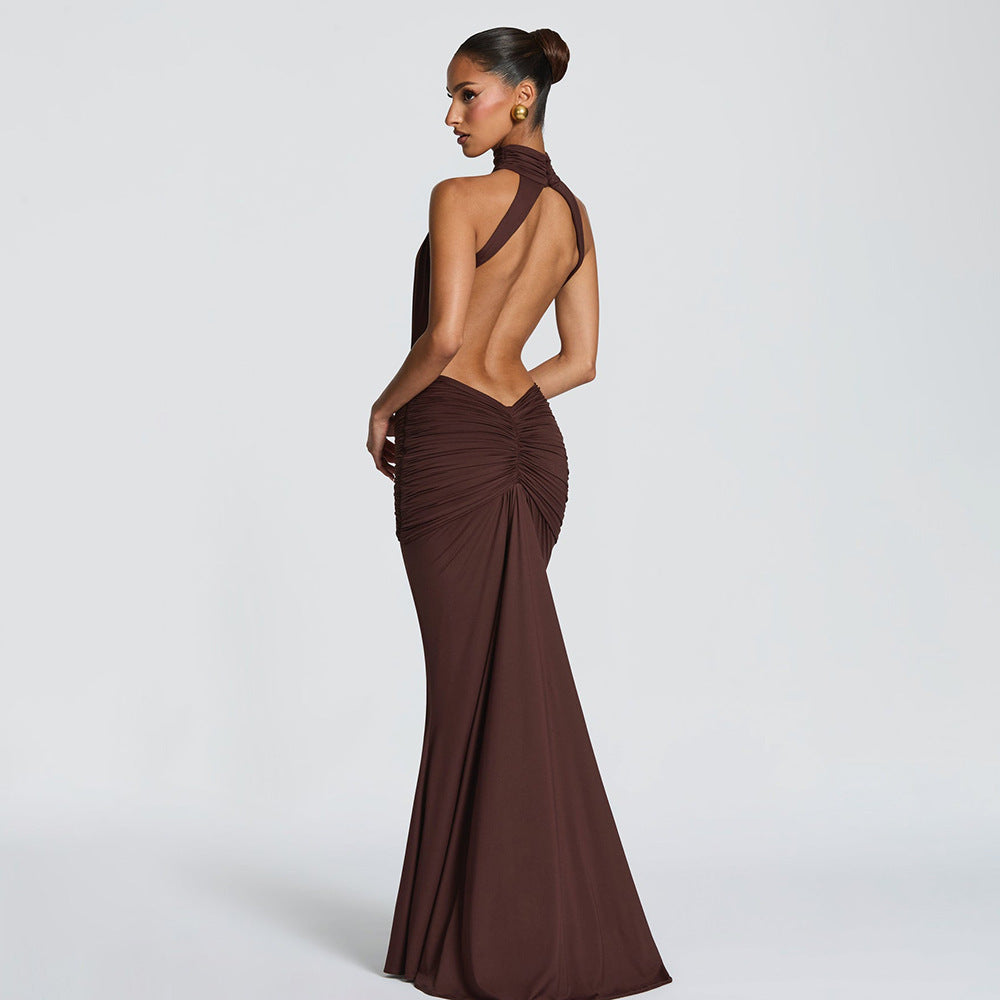 Halter Open-Back Ruched Maxi Dress