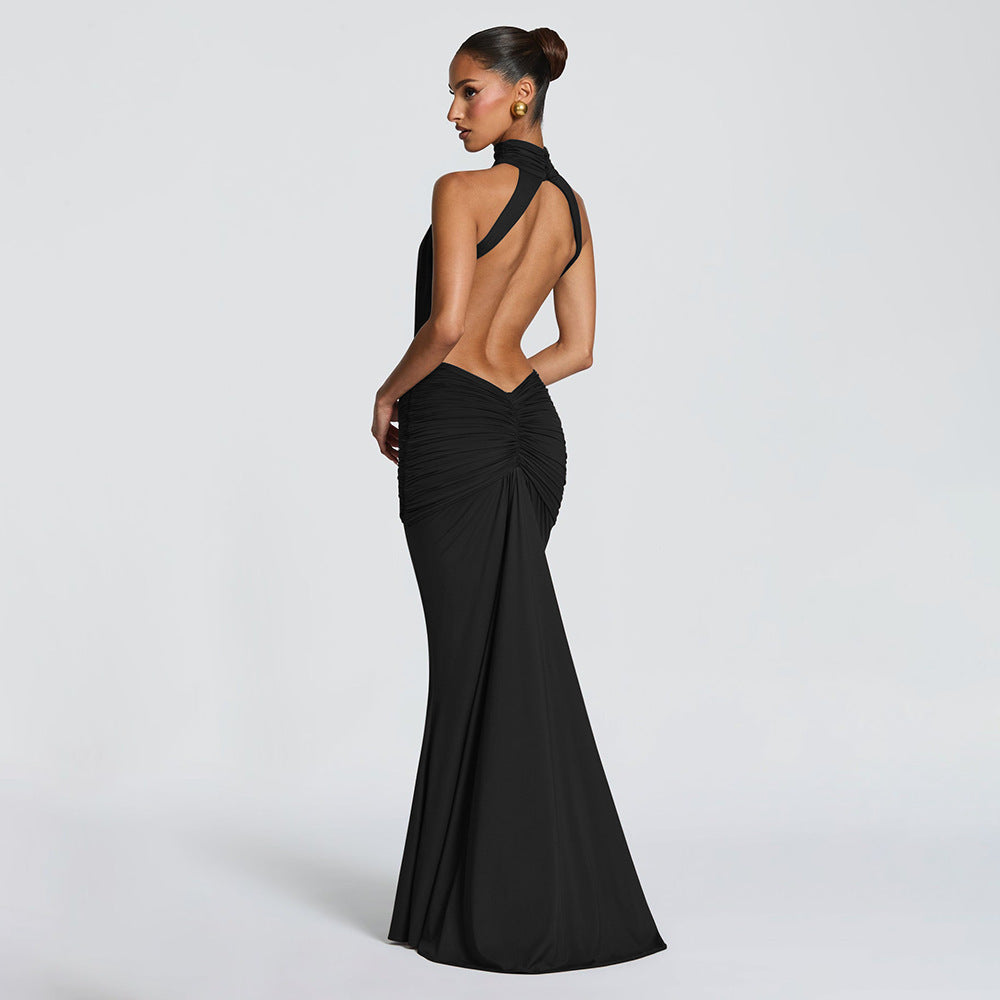 Halter Open-Back Ruched Maxi Dress