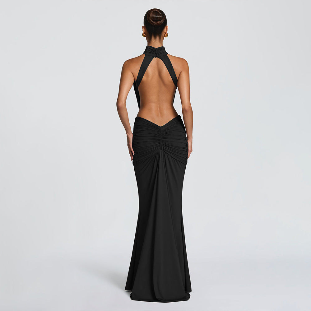 Halter Open-Back Ruched Maxi Dress