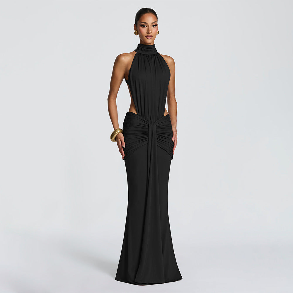 Halter Open-Back Ruched Maxi Dress