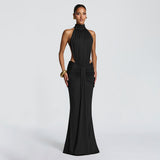 Halter Open-Back Ruched Maxi Dress