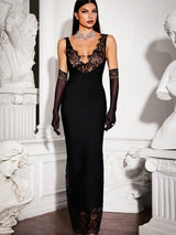 Black Plunge Lace Detail Maxi Dress