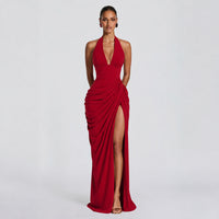 Red Halter Draped Maxi Dress