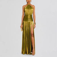 Metallic Halter High Slit Maxi Dress