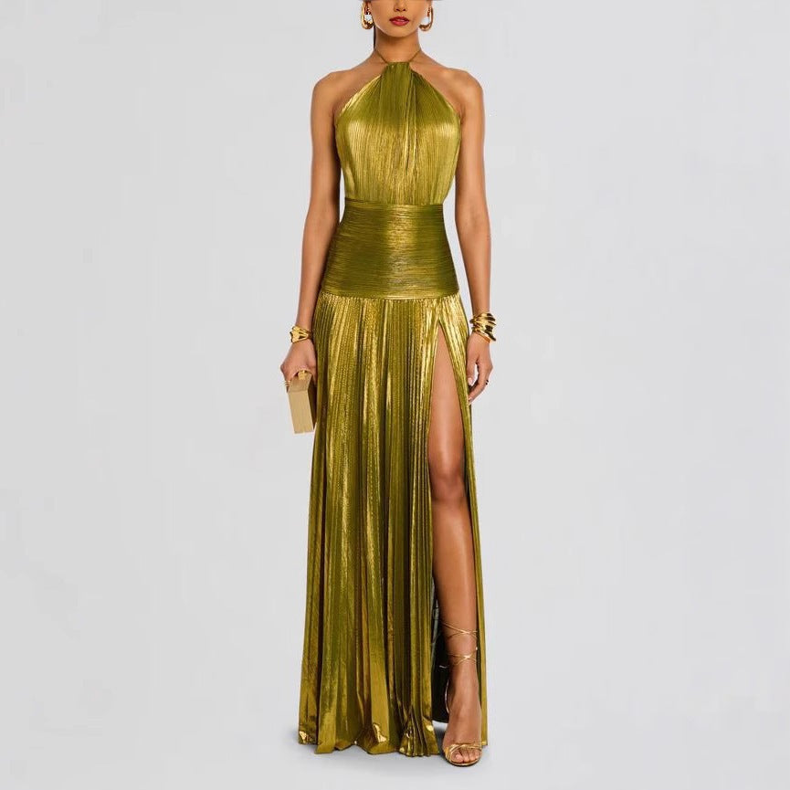 Metallic Halter High Slit Maxi Dress