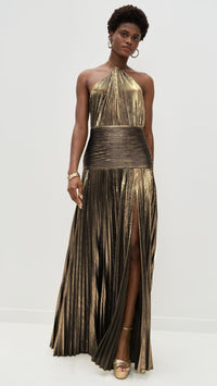 Metallic Halter High Slit Maxi Dress