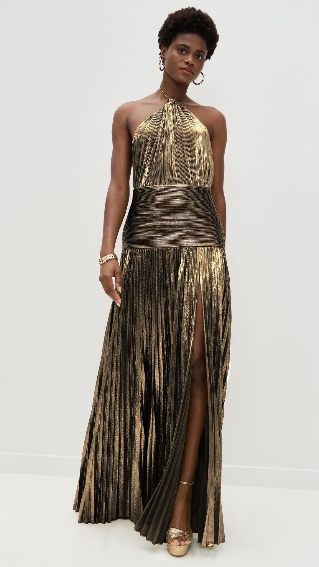 Metallic Halter High Slit Maxi Dress