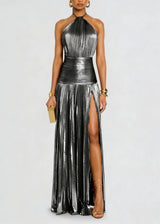 Metallic Halter High Slit Maxi Dress