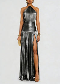 Metallic Halter High Slit Maxi Dress