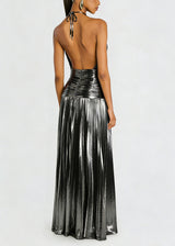 Metallic Halter High Slit Maxi Dress