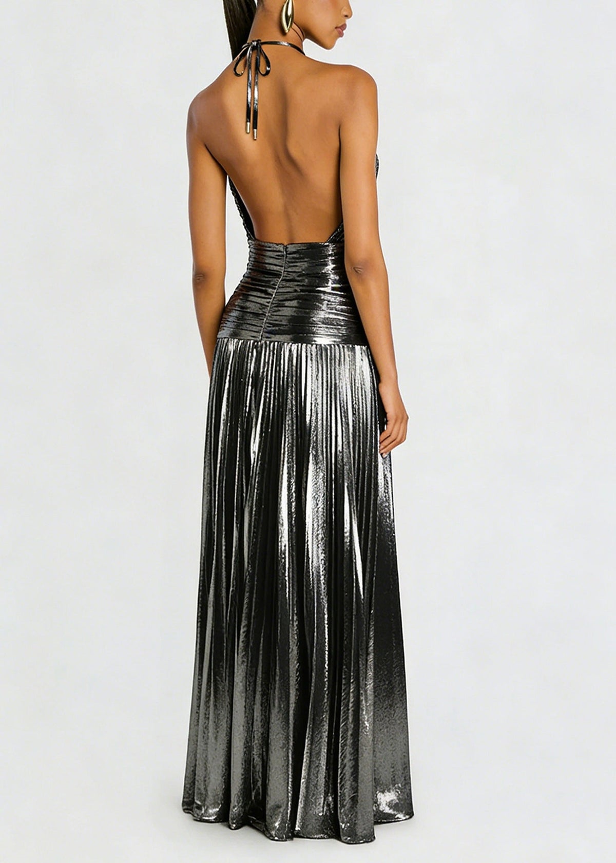 Metallic Halter High Slit Maxi Dress