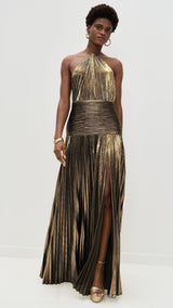 Metallic Halter High Slit Maxi Dress