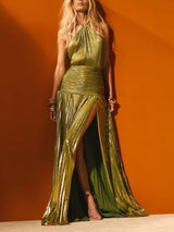 Metallic Halter High Slit Maxi Dress