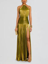 Metallic Halter High Slit Maxi Dress