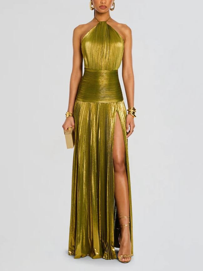 Metallic Halter High Slit Maxi Dress
