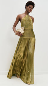 Metallic Halter High Slit Maxi Dress