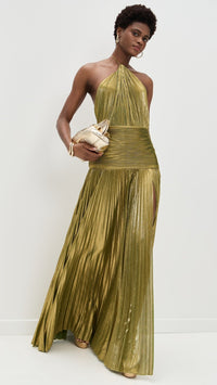 Metallic Halter High Slit Maxi Dress