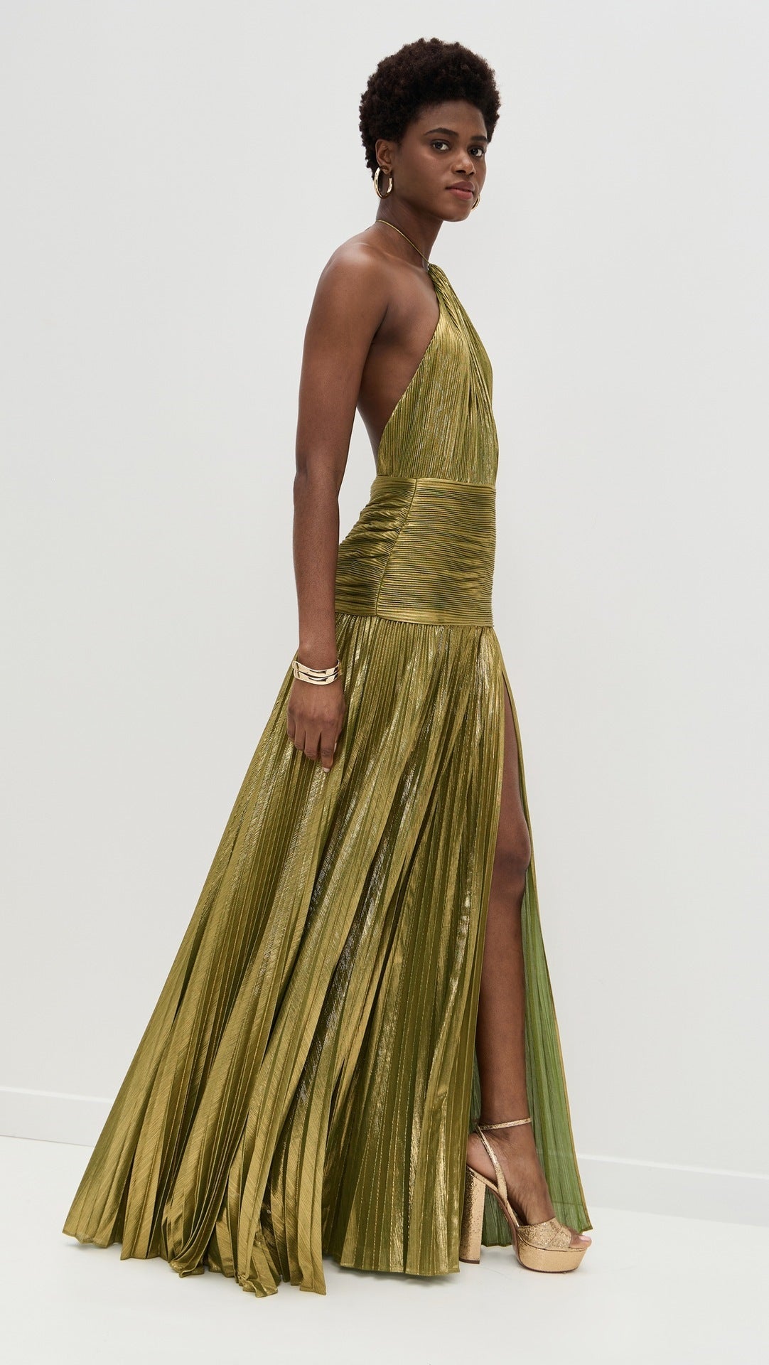Metallic Halter High Slit Maxi Dress