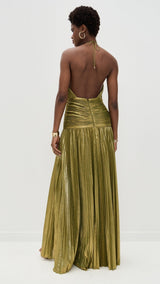 Metallic Halter High Slit Maxi Dress