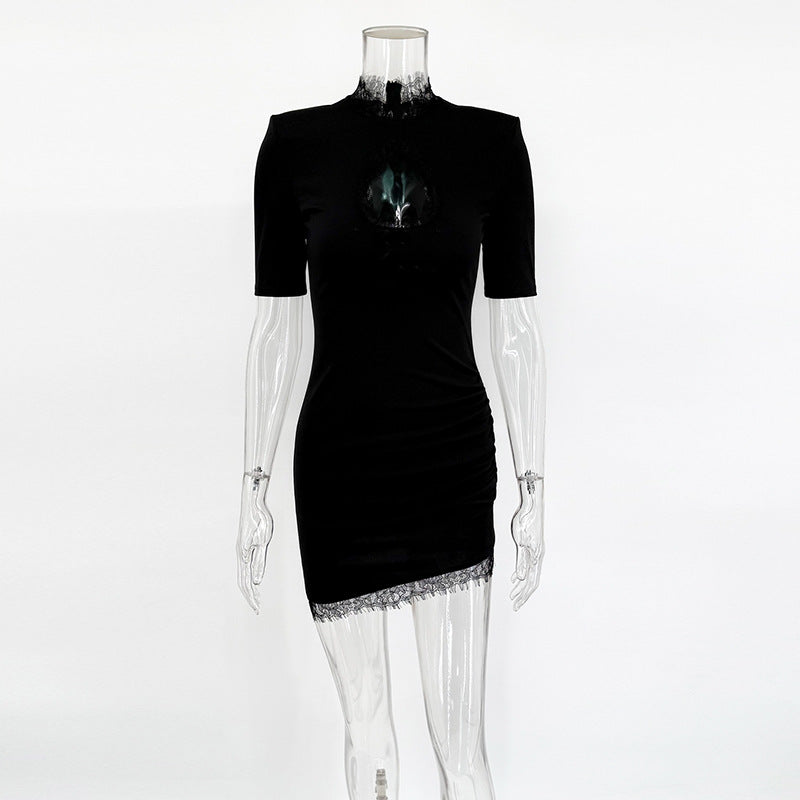 Black Lace Trim Keyhole Mini Dress